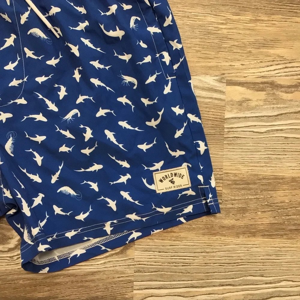 SHEIN Blue and White Shark Print Swim Trunks Built In Boxer Brief Medium